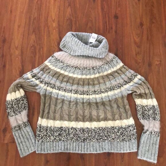 MWT LOFT Cozy turtleneck sweater size M cable knit gray cream - Picture 1 of 5